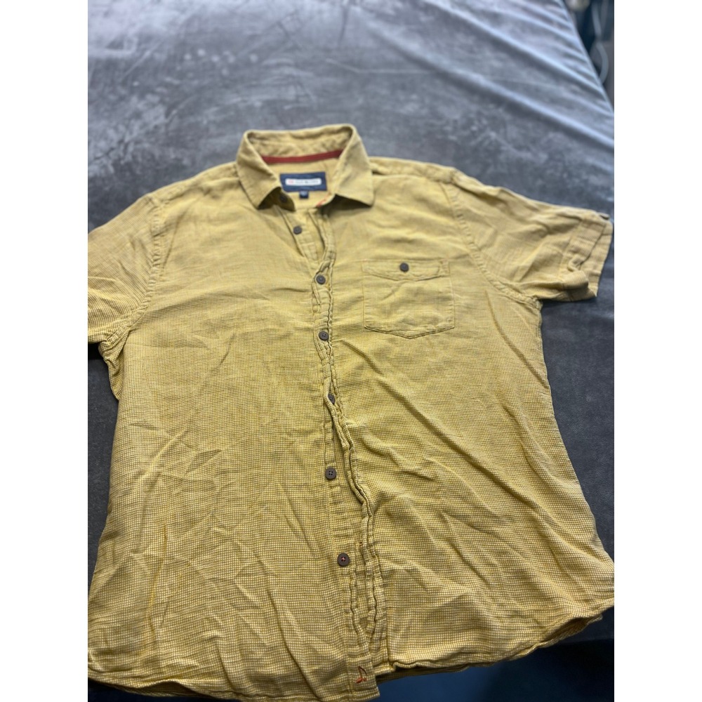 32 Bar Blues Mens‎ Large Short Sleeve Button Down Shirt Mustard Yellow Check